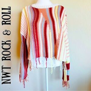 NWT Boho Fringed Colorful Striped Crewneck Knit Sweater